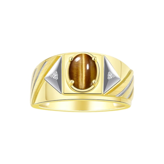 RYLOS Men's Rings 14K Yellow Gold Ring Classic Designer Style 8X6MM Oval Gemstone & Diamond Ring Tiger Eye Birthstone Rings For Men Size 8