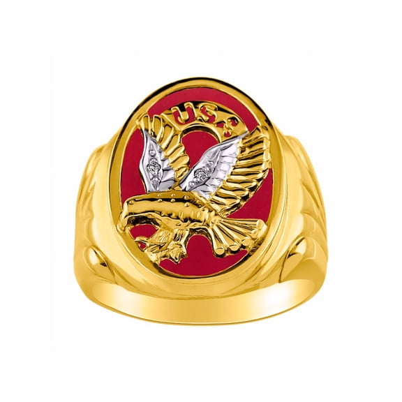 RYLOS Men's Rings 14K Yellow Gold Ring Designer Patriotic Eagle USA Ring With Diamonds and Red Quartz Rings For Men Size 9
