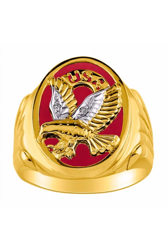 Men's Rings 14K Yellow Gold Ring Designer Patriotic Eagle USA Ring With Diamonds and Red Quartz Rings For Men Size 9