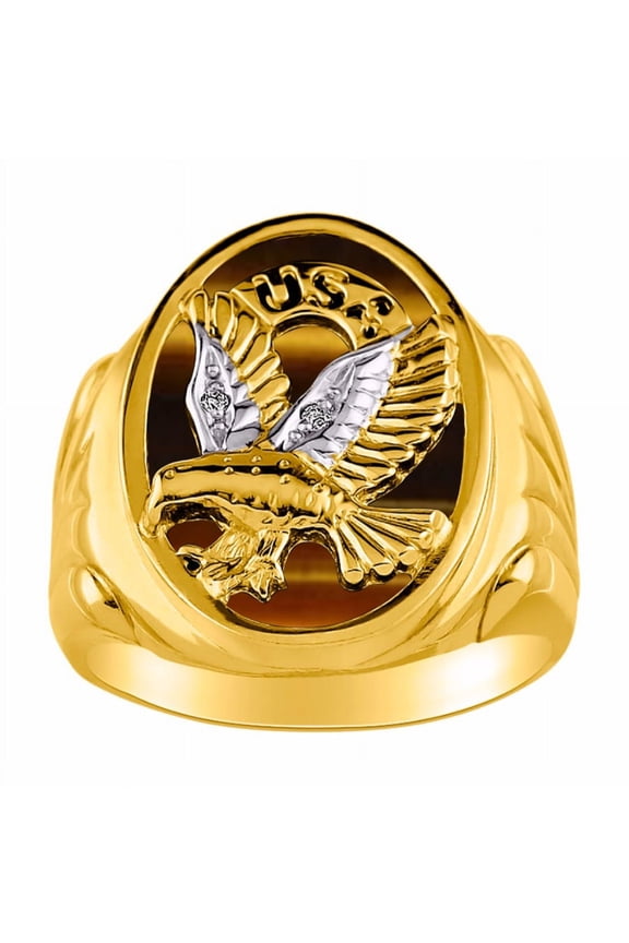 Men's Rings 14K Yellow Gold Ring Designer Patriotic Eagle USA Ring With Diamonds and Tiger Eye Rings For Men Size 11