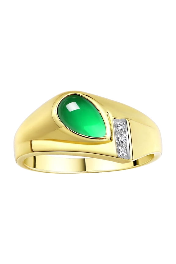 Men's Rings 14K Yellow Gold Ring - Timeless Pear Shape Cabochone Gemstone & Diamonds - Tear Drop Cabochon EMERALD Rings For Men Size 8