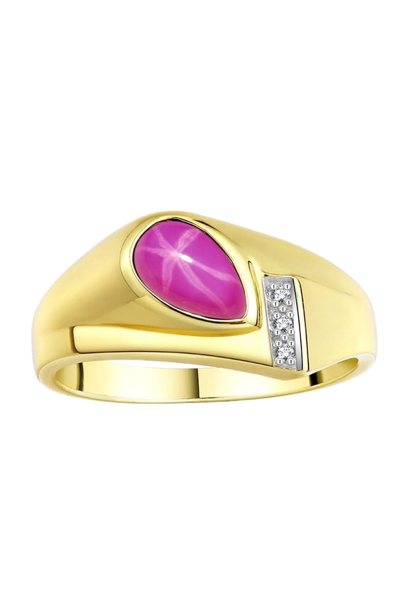 Men's Rings 14K Yellow Gold Ring - Timeless Pear Shape Cabochone Gemstone & Diamonds - Tear Drop Star Ruby Rings For Men Size 10