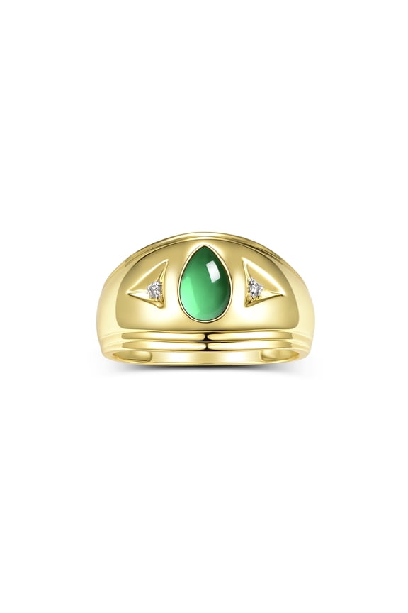 Men's Rings 14K Yellow Gold Pear Shape Tear Drop Cabochon Gemstone & Diamond Rings; Cabochon Emerald Size 9