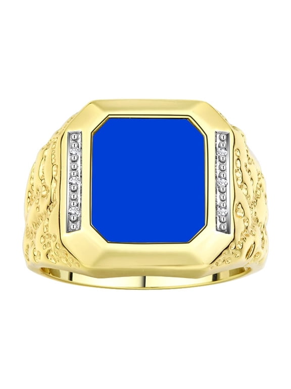 Men's Rings 14K Yellow Gold Ring With Diamonds and Blue Quartz Set in Designer Nugget Style Rings For Men Size 10