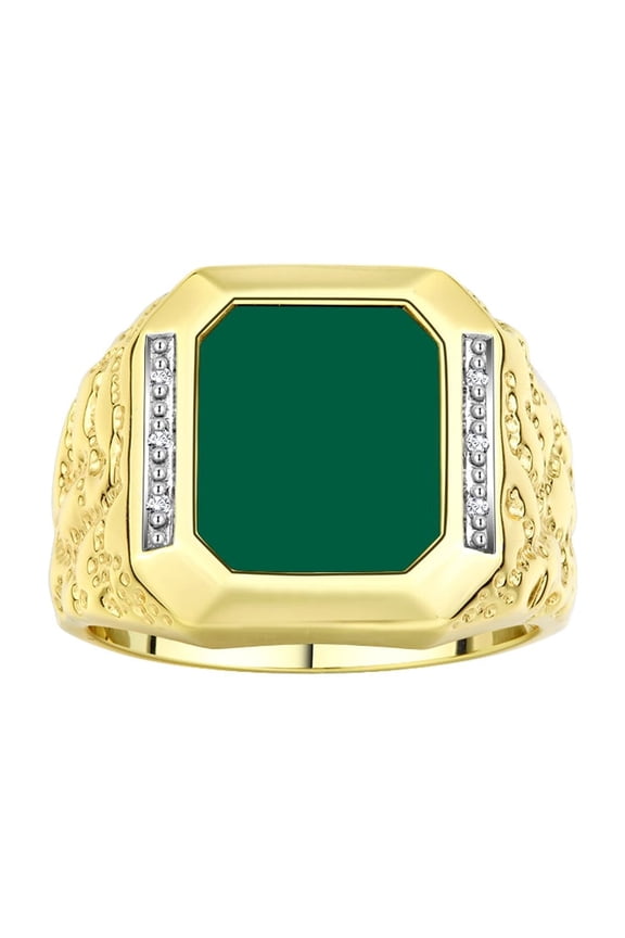 Men's Rings 14K Yellow Gold Ring With Diamonds and GREEN QUARTZ Set in Designer Nugget Style Rings For Men Size 11
