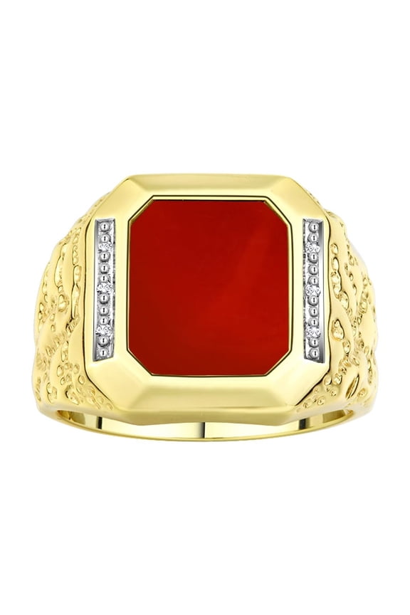 Men's Rings 14K Yellow Gold Ring With Diamonds and RED QUARTZ Set in Designer Nugget Style Rings For Men Size 12