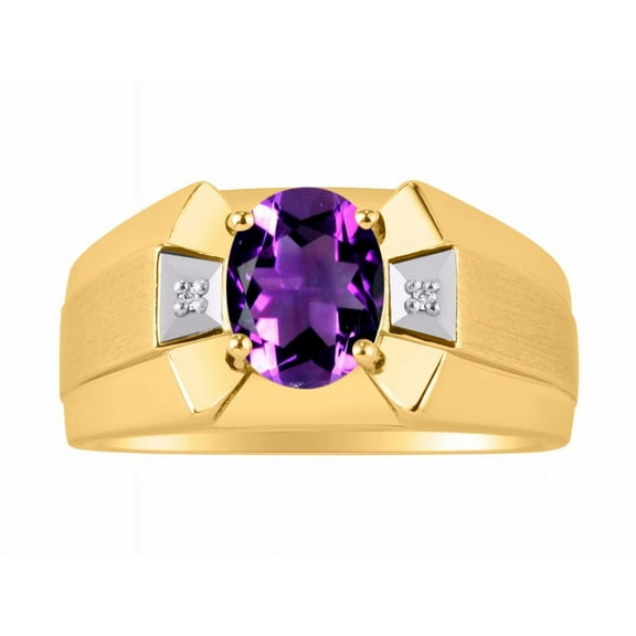 RYLOS Men's Rings 14K Yellow Gold Rings Classic Designer 9X7MM Oval Gemstone & Diamond Ring Amethyst February Birthstone Ring Size 8