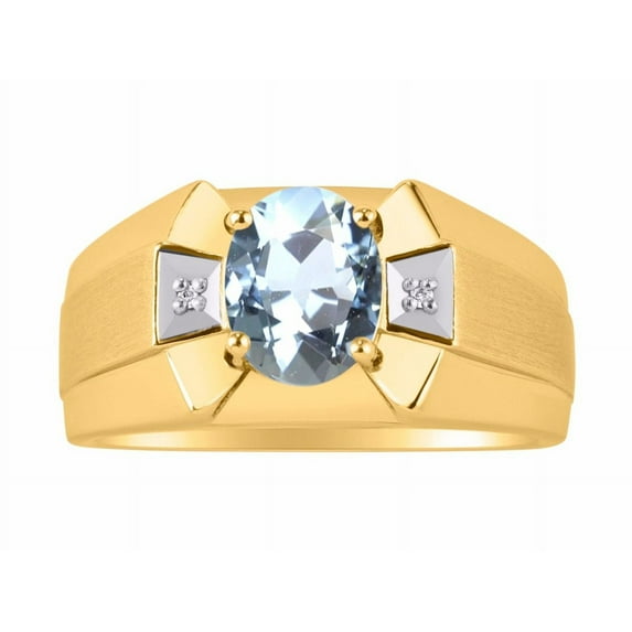 RYLOS Men's Rings 14K Yellow Gold Rings Classic Designer 9X7MM Oval Gemstone & Diamond Ring Aquamarine March Birthstone Ring Size 11