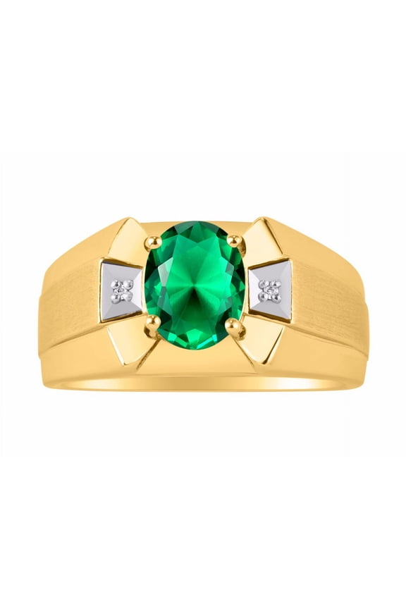 Men's Rings 14K Yellow Gold Rings Classic Designer 9X7MM Oval Gemstone & Sparkling Diamond Ring Emerald May Birthstone Ring Size 8