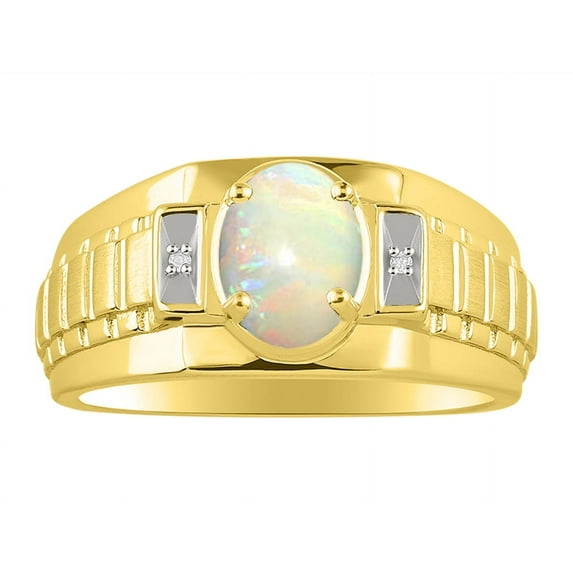 RYLOS Men's Rings 14K Yellow Gold Rings Classic Designer Style 8X6MM Oval Gemstone & Diamond Ring Opal African Birthstone Rings For Men Size 12