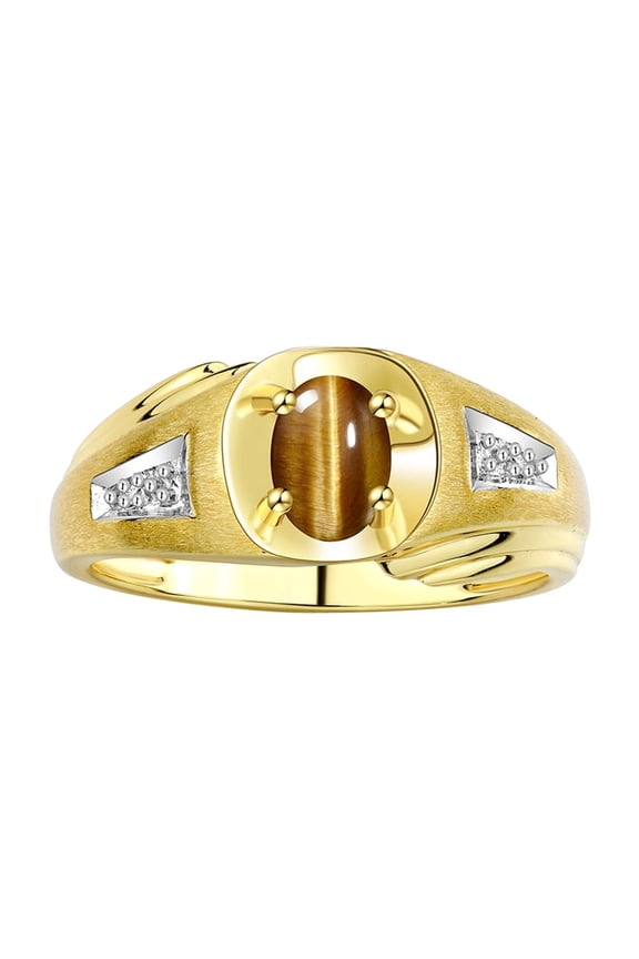 Men's Rings 14K Yellow Gold Rings Classic Designer Style 8X6MM Oval Gemstone & Diamond Ring Tiger Eye November Birthstone Rings For Men Size 8