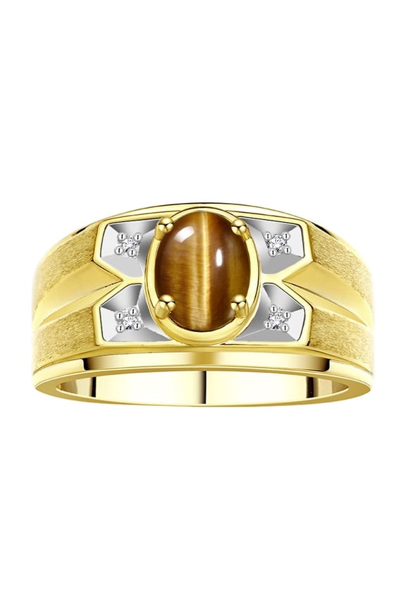 Men's Rings 14K Yellow Gold Rings Classic Designer Style 8X6MM Oval Gemstone & Diamond Ring Tiger Eye November Birthstone Rings For Men Size 10