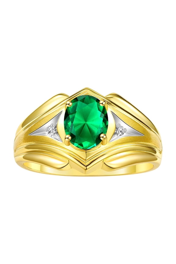 Men's Rings 14K Yellow Gold Rings Classic Designer Style 9X7MM Oval Gemstone & Diamond Ring Emerald May Birthstone Rings For Men Size 13