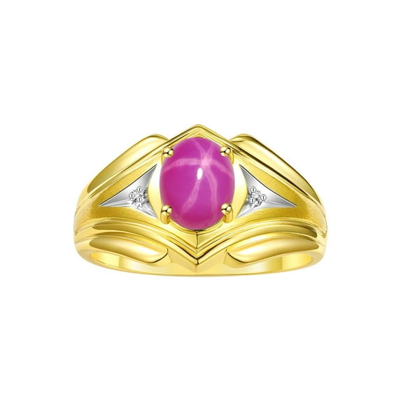 RYLOS Men's Rings 14K Yellow Gold Rings Classic Designer Style 9X7MM Oval Gemstone & Diamond Ring Star Ruby July Birthstone Rings For Men Size 9