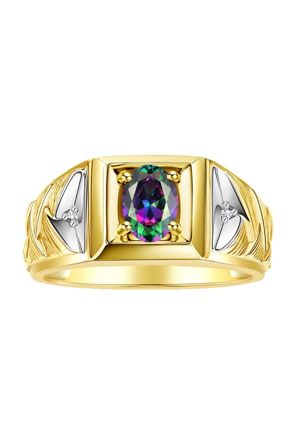 Men's Rings 14K Yellow Gold Rings Designer Weave Band 7X5MM Oval Gemstone & Diamond Ring Alexandrite June Birthstone Rings For Men, Size 10