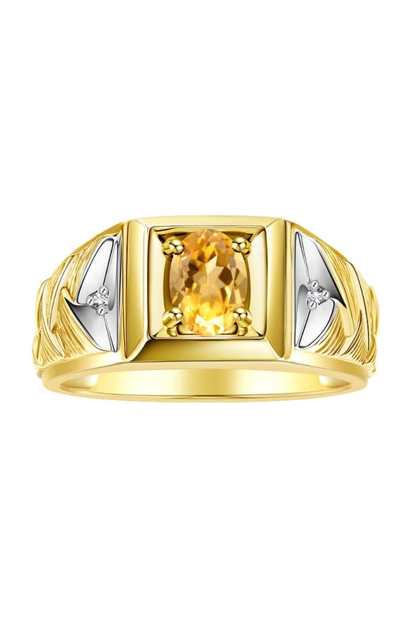 Men's Rings 14K Yellow Gold Rings Designer Weave Band 7X5MM Oval Gemstone & Diamond Ring Citrine November Birthstone Rings For Men, Size 11