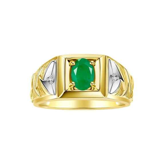 RYLOS Men's Rings 14K Yellow Gold Rings Designer Weave Band 7X5MM Oval Gemstone & Diamond Ring Emerald May Birthstone Rings For Men, Size 13