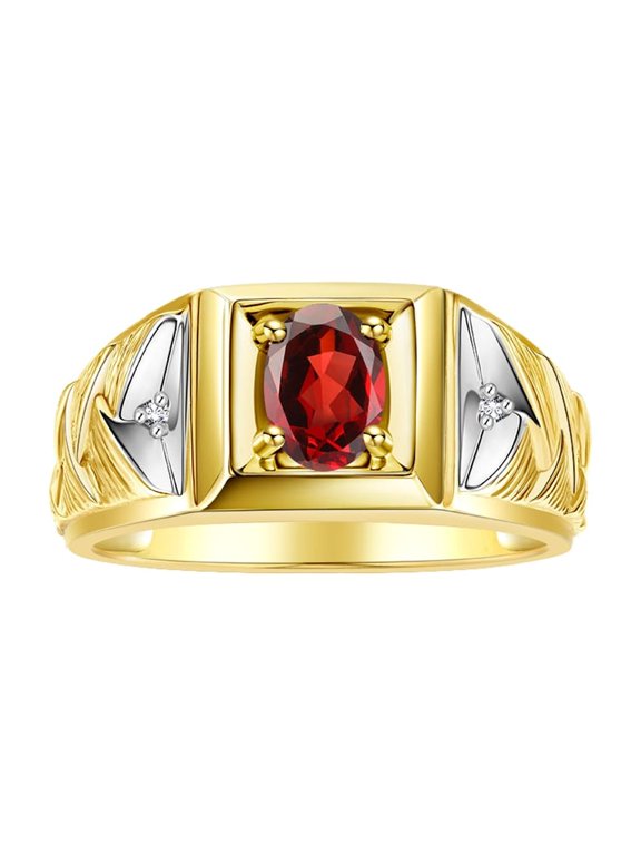 Men's Rings 14K Yellow Gold Rings Designer Weave Band 7X5MM Oval Gemstone & Diamond Ring Garnet January Birthstone Rings For Men, Size 11