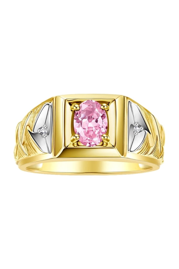 Men's Rings 14K Yellow Gold Rings Designer Weave Band 7X5MM Oval Gemstone & Diamond Ring Pink Ice October Birthstone Rings For Men, Size 9