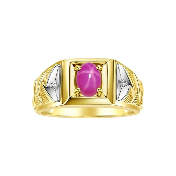 RYLOS Men's Rings 14K Yellow Gold Rings Designer Weave Band 7X5MM Oval Gemstone & Diamond Ring Star Ruby July Birthstone Rings For Men, Size 12