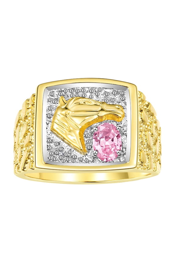 Men's Rings 14K Yellow Gold Rings Lucky Nugget Horse Head 6X4MM Oval Gemstone & Diamond Ring Pink Ice October Birthstone Rings For Men Size 11