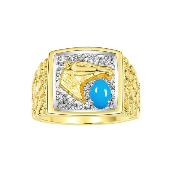 RYLOS Men's Rings 14K Yellow Gold Rings Lucky Nugget Horse Head 6X4MM Oval Gemstone & Diamond Ring Turquoise December Birthstone Rings For Men Size 11