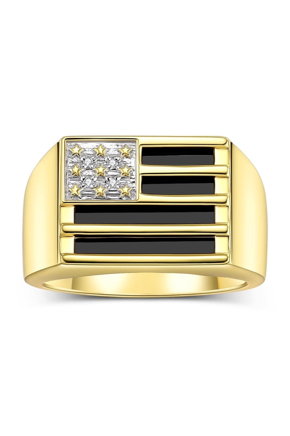 Men's Rings 14K Yellow Gold USA Flag Designer Ring With Diamonds and Black Onyx Rings For Men Designer Patriotic Jewelry Size 12