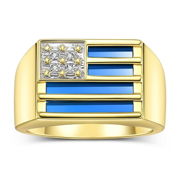 RYLOS Men's Rings 14K Yellow Gold USA Flag Designer Ring With Diamonds and Blue Quartz Rings For Men Designer Patriotic Jewelry Size 8