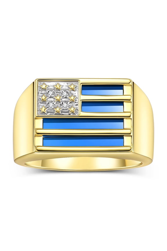 Men's Rings 14K Yellow Gold USA Flag Designer Ring With Diamonds and Blue Quartz Rings For Men Designer Patriotic Jewelry Size 9