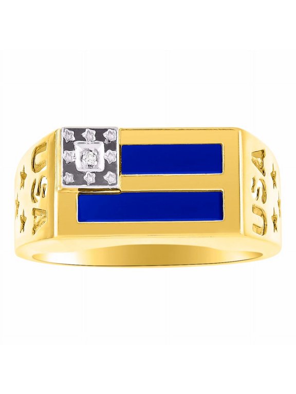 Men's Rings 14K Yellow Gold USA Flag Designer Ring With Diamonds and Blue Quartz Rings For Men Size 9