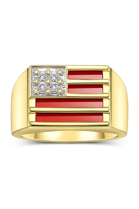 Men's Rings 14K Yellow Gold USA Flag Designer Ring With Diamonds and Red Quartz Rings For Men Designer Patriotic Jewelry Size 12