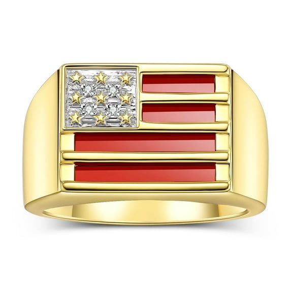 RYLOS Men's Rings 14K Yellow Gold USA Flag Designer Ring With Diamonds and Red Quartz Rings For Men Designer Patriotic Jewelry Size 9