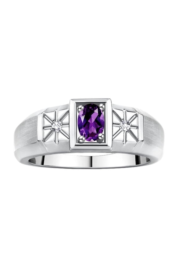 Men's Rings Sterling Silver Classic 6X4MM Oval Gemstone & Diamond Ring Amethyst February Birthstone Rings For Men, Silver Rings, Size 8