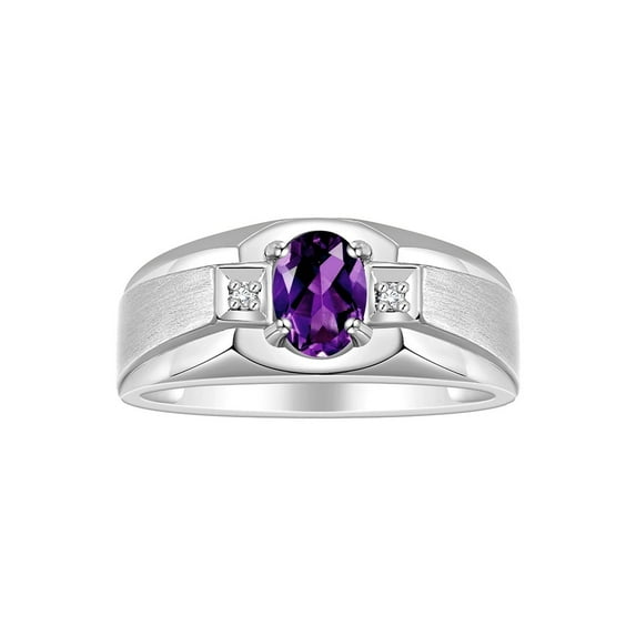 RYLOS Men's Rings Sterling Silver Classic 7X5MM Oval Gemstone & Diamond Ring Amethyst February Birthstone Rings For Men, Silver Rings, Size 10