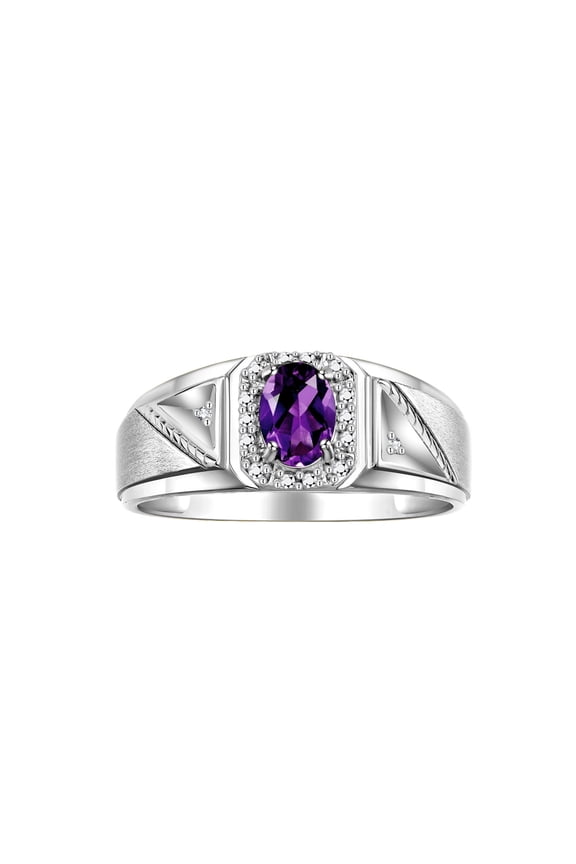 Men's Rings Sterling Silver Classic 7X5MM Oval Gemstone & Diamond Ring Amethyst February Birthstone Rings For Men Size 10