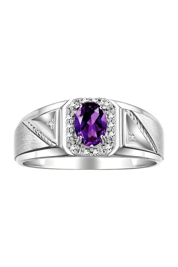 Men's Rings Sterling Silver Classic 7X5MM Oval Gemstone & Diamond Ring Amethyst February Birthstone Rings For Men Size 9