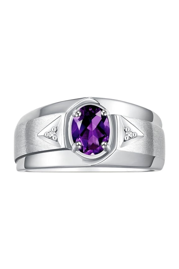 Men's Rings Sterling Silver Classic 7X5MM Oval Gemstone & Diamond Ring Amethyst February Birthstone Rings For Men, Men's Rings, Silver Rings, Size 9