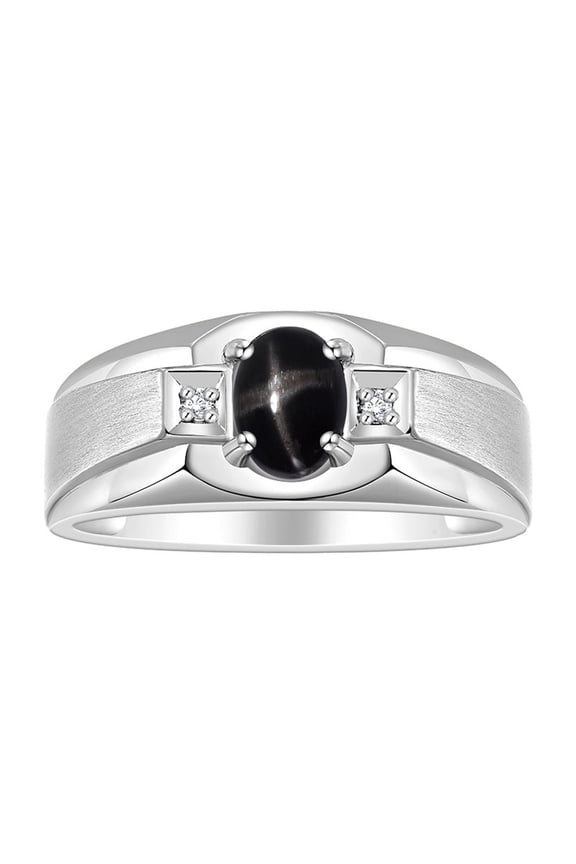 Men's Rings Sterling Silver Classic 7X5MM Oval Gemstone & Diamond Ring Black Star Sapphire March Birthstone Rings For Men, Silver Rings, Size 8