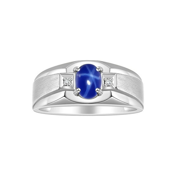 RYLOS Men's Rings Sterling Silver Classic 7X5MM Oval Gemstone & Diamond Ring Blue Star Sapphire September Birthstone Rings For Men, Silver Rings, Size 9