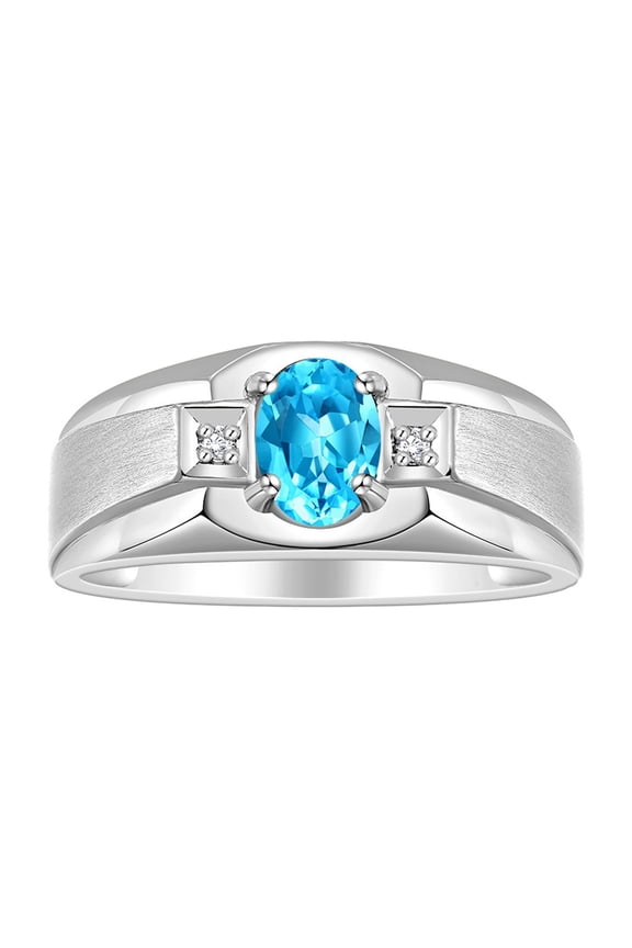Men's Rings Sterling Silver Classic 7X5MM Oval Gemstone & Diamond Ring Blue Topaz December Birthstone Rings For Men, Silver Rings, Size 8
