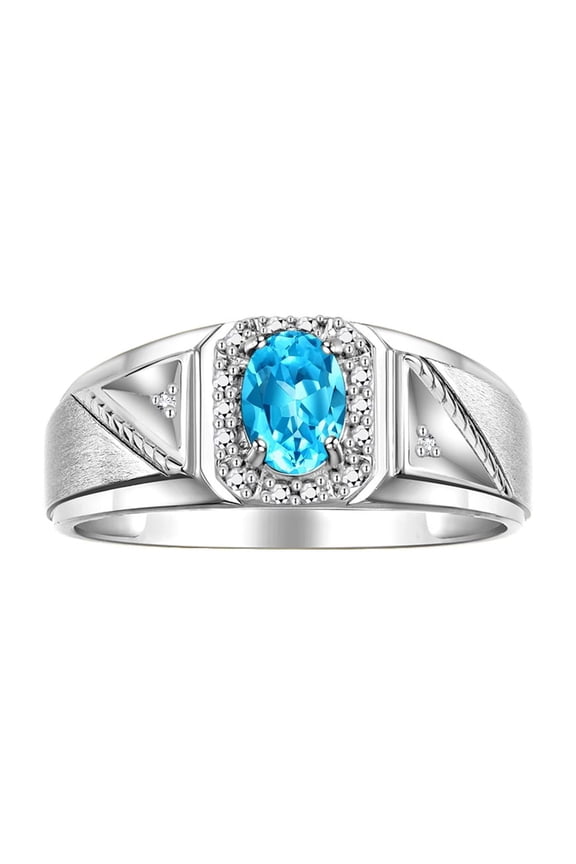Men's Rings Sterling Silver Classic 7X5MM Oval Gemstone & Diamond Ring Blue Topaz December Birthstone Rings For Men Size 13