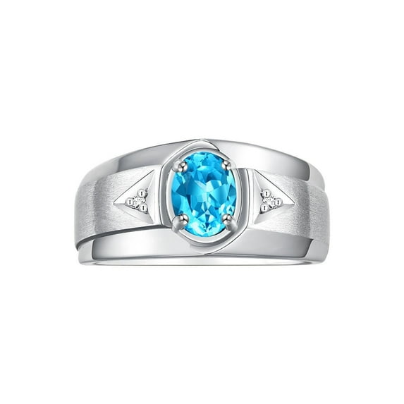 RYLOS Men's Rings Sterling Silver Classic 7X5MM Oval Gemstone & Diamond Ring Blue Topaz December Birthstone Rings For Men, Men's Rings, Silver Rings, Size 11