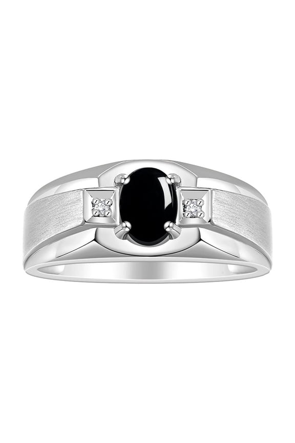 Men's Rings Sterling Silver Classic 7X5MM Oval Gemstone & Diamond Ring Cabochon Onyx October Birthstone Rings For Men, Silver Rings, Size 9