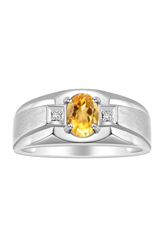 Men's Rings Sterling Silver Classic 7X5MM Oval Gemstone & Diamond Ring Citrine November Birthstone Rings For Men, Silver Rings, Size 11