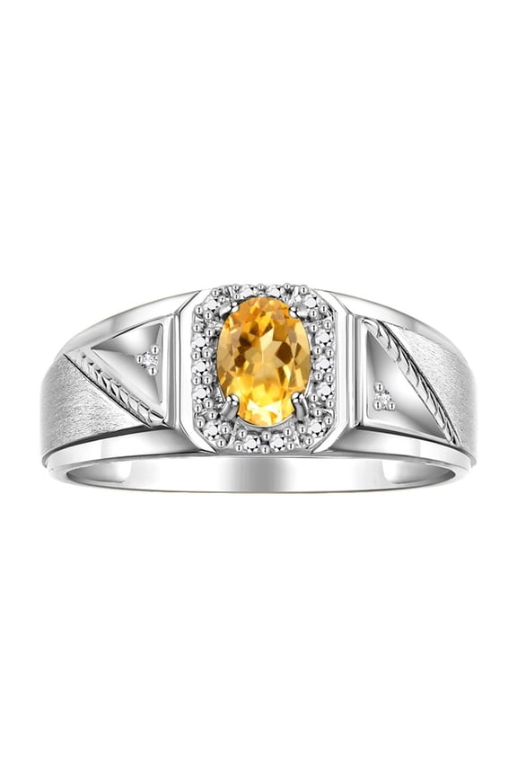 Men's Rings Sterling Silver Classic 7X5MM Oval Gemstone & Diamond Ring Citrine November Birthstone Rings For Men Size 8