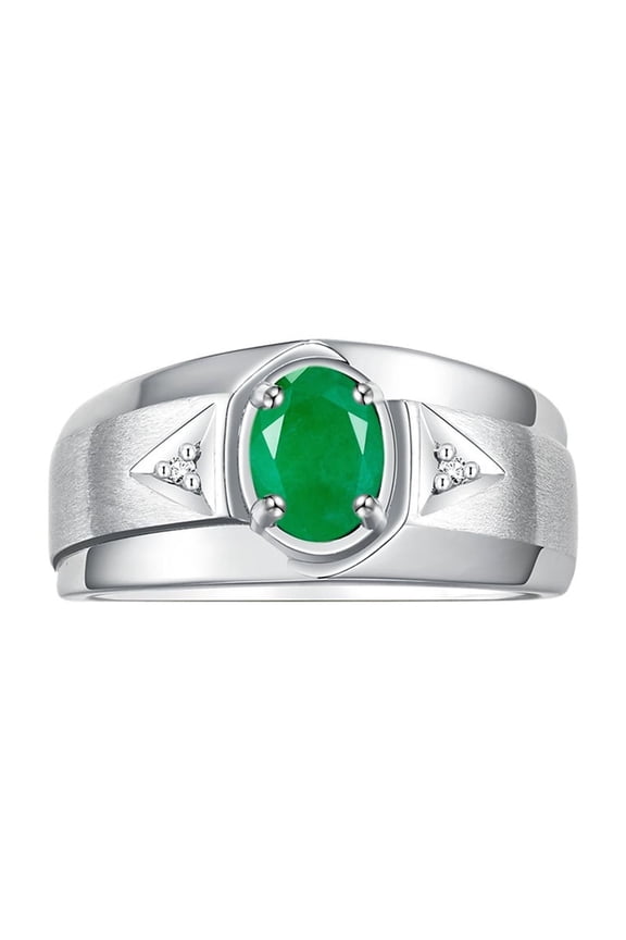 Men's Rings Sterling Silver Classic 7X5MM Oval Gemstone & Diamond Ring Emerald May Birthstone Rings For Men, Men's Rings, Silver Rings, Size 10