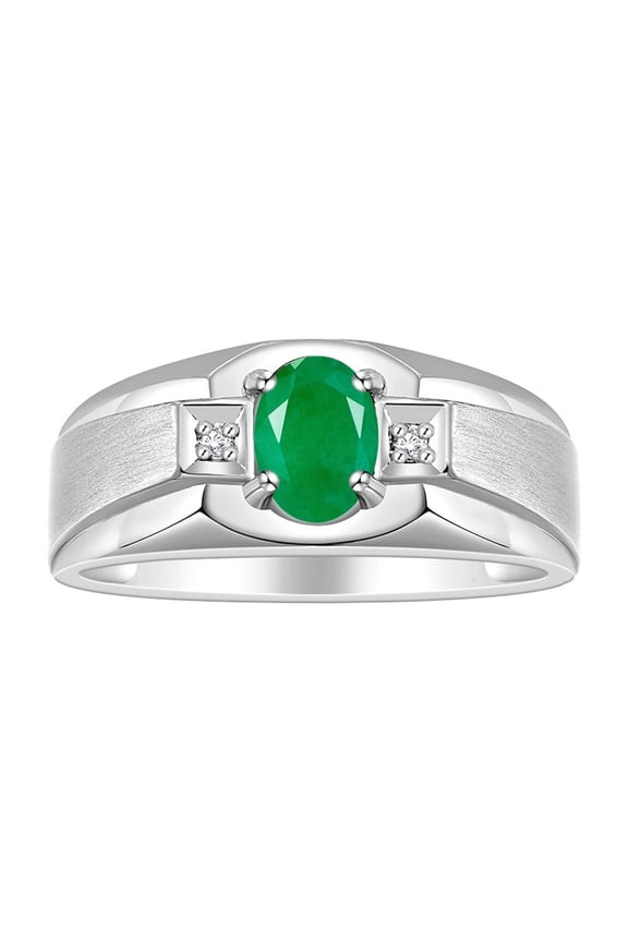Men's Rings Sterling Silver Classic 7X5MM Oval Gemstone & Diamond Ring Emerald May Birthstone Rings For Men, Silver Rings, Size 8
