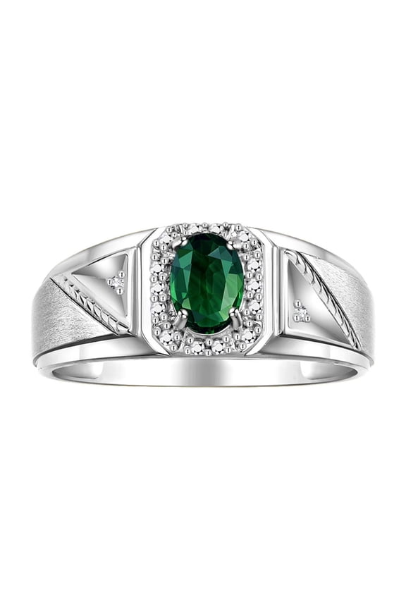Men's Rings Sterling Silver Classic 7X5MM Oval Gemstone & Diamond Ring Green Sapphire September Birthstone Rings For Men Size 10