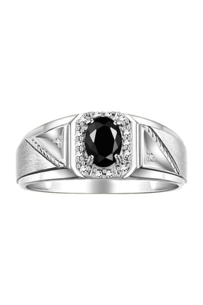 Men's Rings Sterling Silver Classic 7X5MM Oval Gemstone & Diamond Ring Onyx October Birthstone Rings For Men Size 10