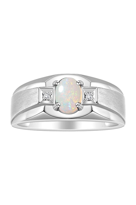 Men's Rings Sterling Silver Classic 7X5MM Oval Gemstone & Diamond Ring Opal October Birthstone Rings For Men, Silver Rings, Size 13